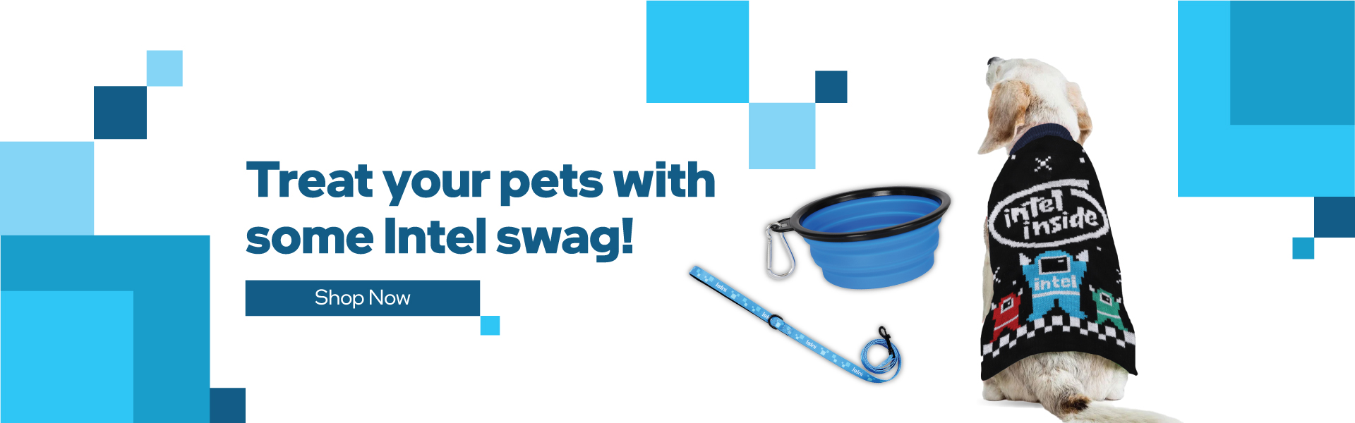 Hero banner with text that reads: Treat your pets with some Intel swag! - Shop Now. There are also product images of a dog leash, collapsible bowl, and a dog sweater.