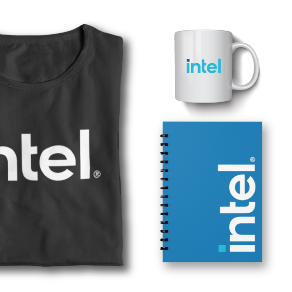 Image of Intel branded shirt, notebook, and coffee mug